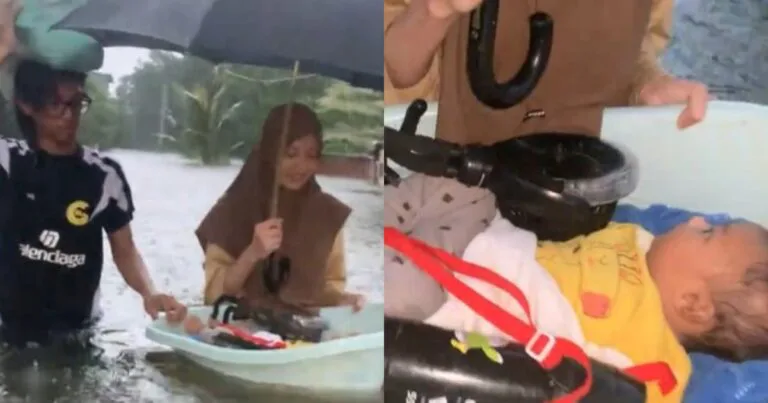 “Pegang Kuat-Kuat” Ibu Bawa Bayi Dalam Besen Redah Banjir, Wargamaya Risau!