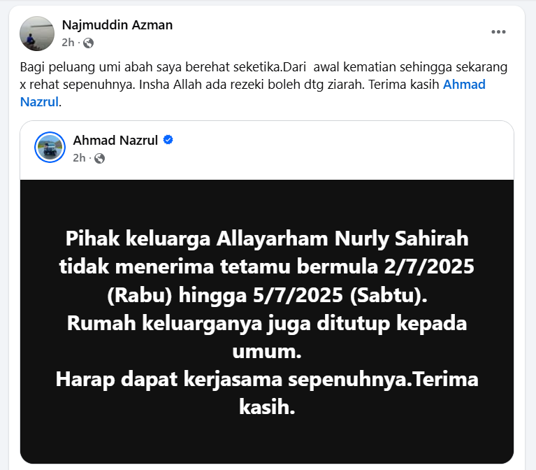 Tak Terima Tetamu 2-5 Julai, “Bagi Peluang Umi & Abah Berehat”- Abang Nurly Shahirah