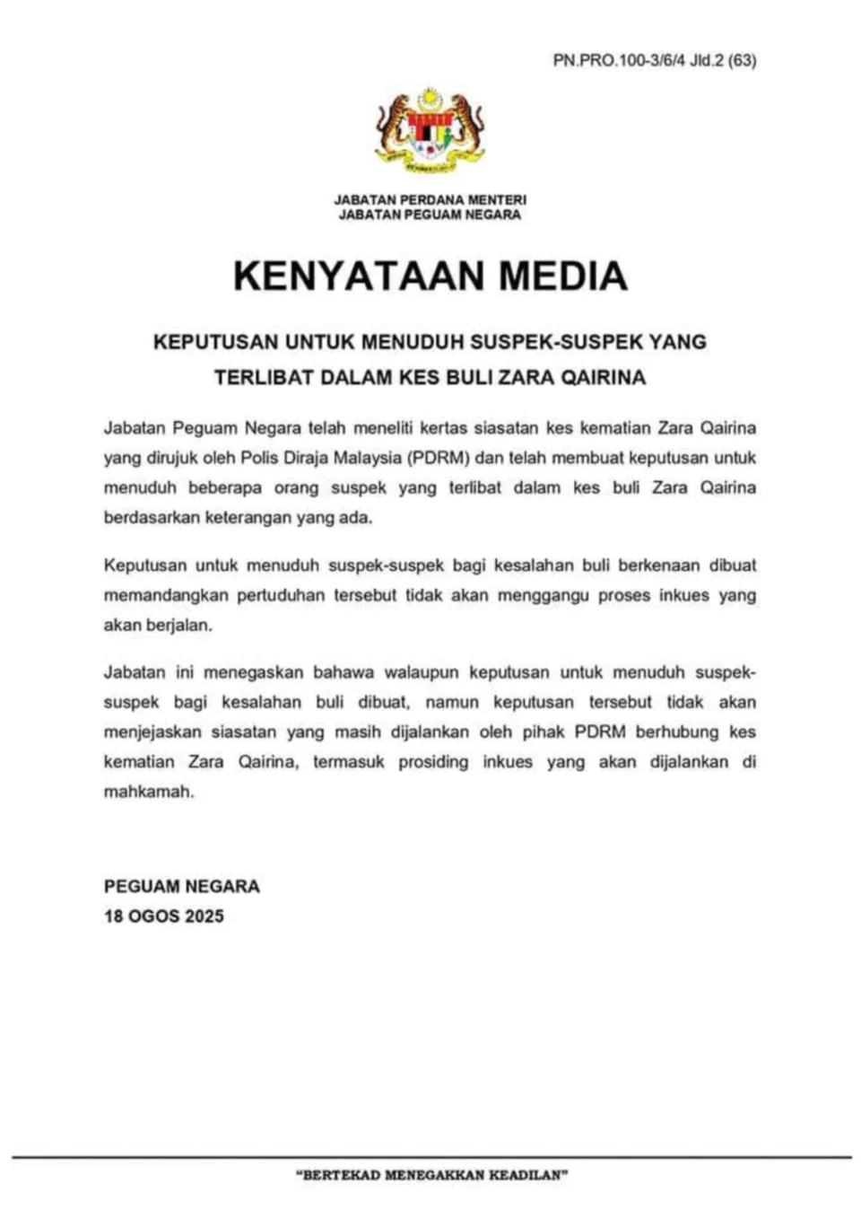 Peguam Negara: Beberapa Suspek Kes Buli Zara Qairina Akan Dituduh