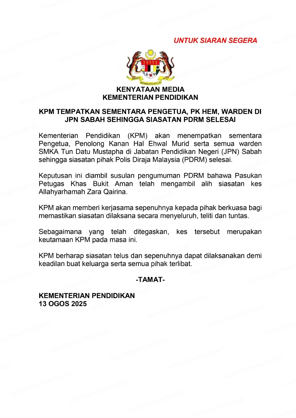 Kes Zara Qairina: KPM Tempatkan Sementara Pengetua, PK HEM & Warden SMKA Tun Datu Mustapha Di JPN Sabah