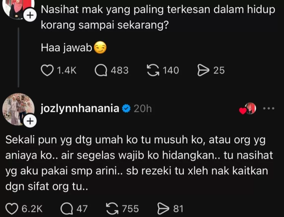 Ozlynn Kongsi Nasihat Ibu, “Walaupun Yang Datang Rumah Adalah Musuh Wajib Hidangkan Segelas Air”