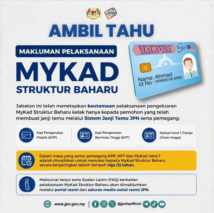 MyKad Generasi Baharu, Pemegang 3 Jenis IC Lama Perlu Tukar Dalam Tempoh 3 Tahun
