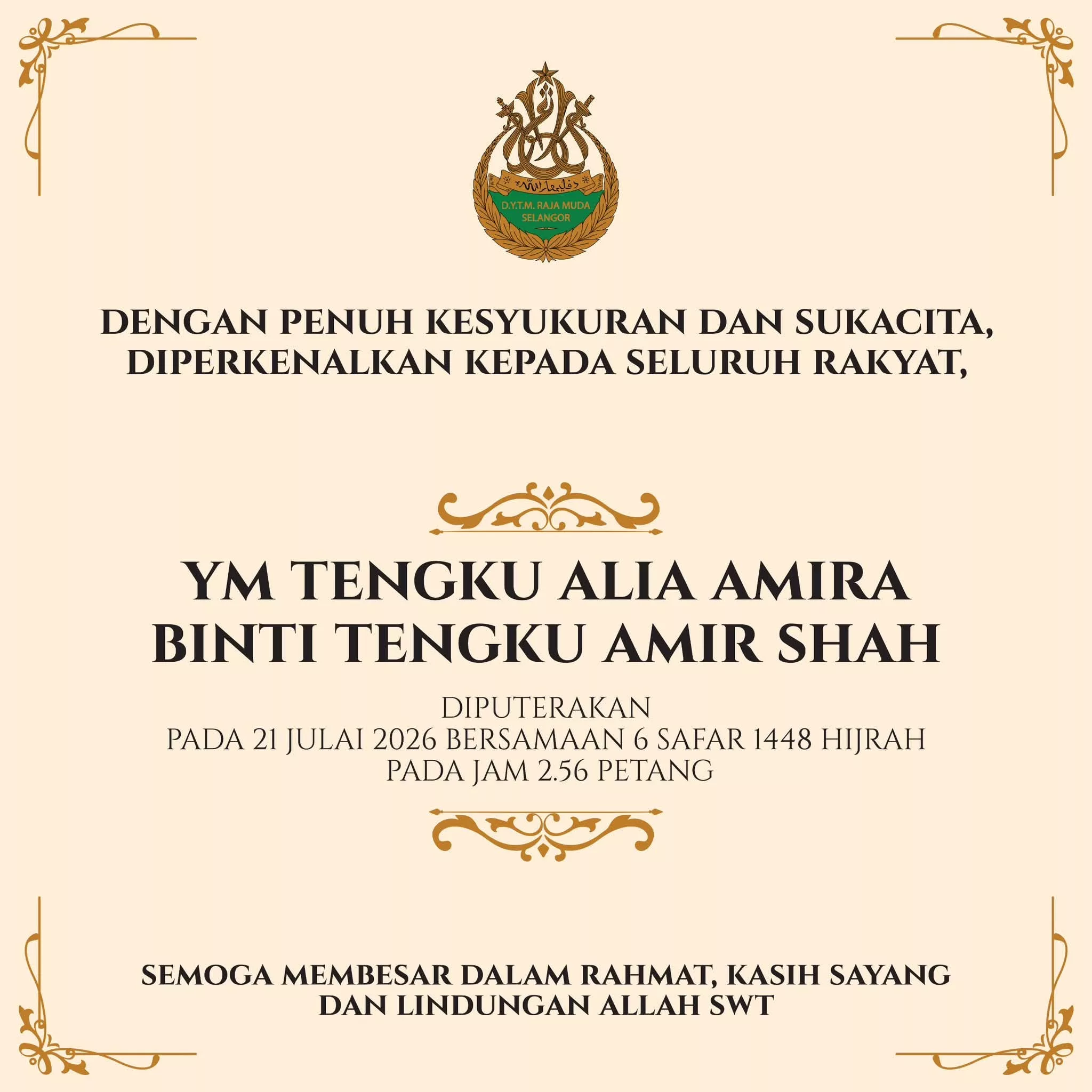 “Nama Melayu Klasik Jadi Pilihan”, Raja Muda Selangor Umum Nama Tengku Alia Amira