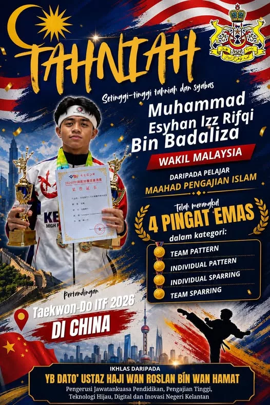 Hebat Anak Kelantan! Esyhan ‘Borong’ Empat Emas Taekwon-Do Di China